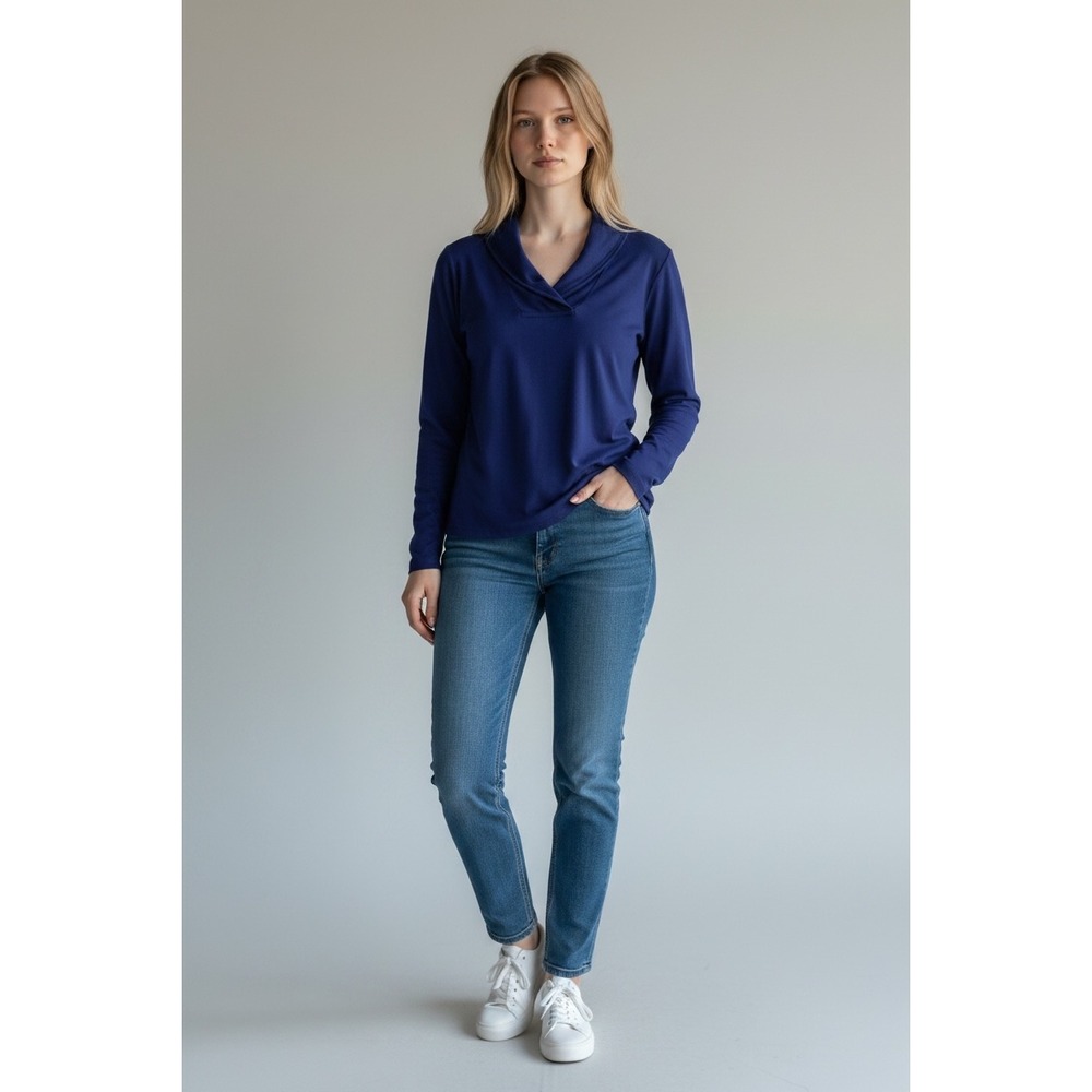 LL Bean Womens Royal Blue Shawl Collar Long Sleeve Cotton Top L REG 290348